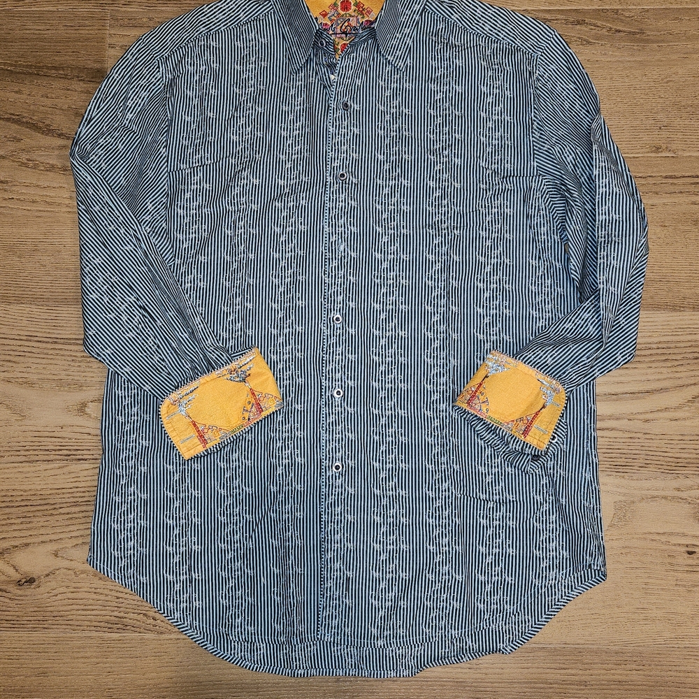 Robert Graham Men's Blue Striped Shirt with Yellow Accents
